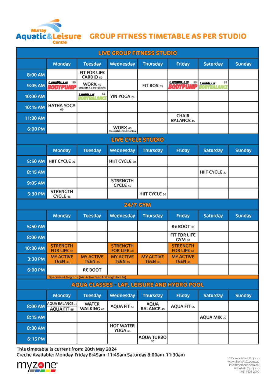 New Group Fitness Timetable beginning 20th May 2024
